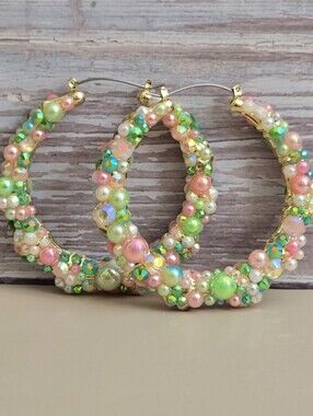 Gold Hoop Earrings with Pastel Pearls and Iridescent Accents